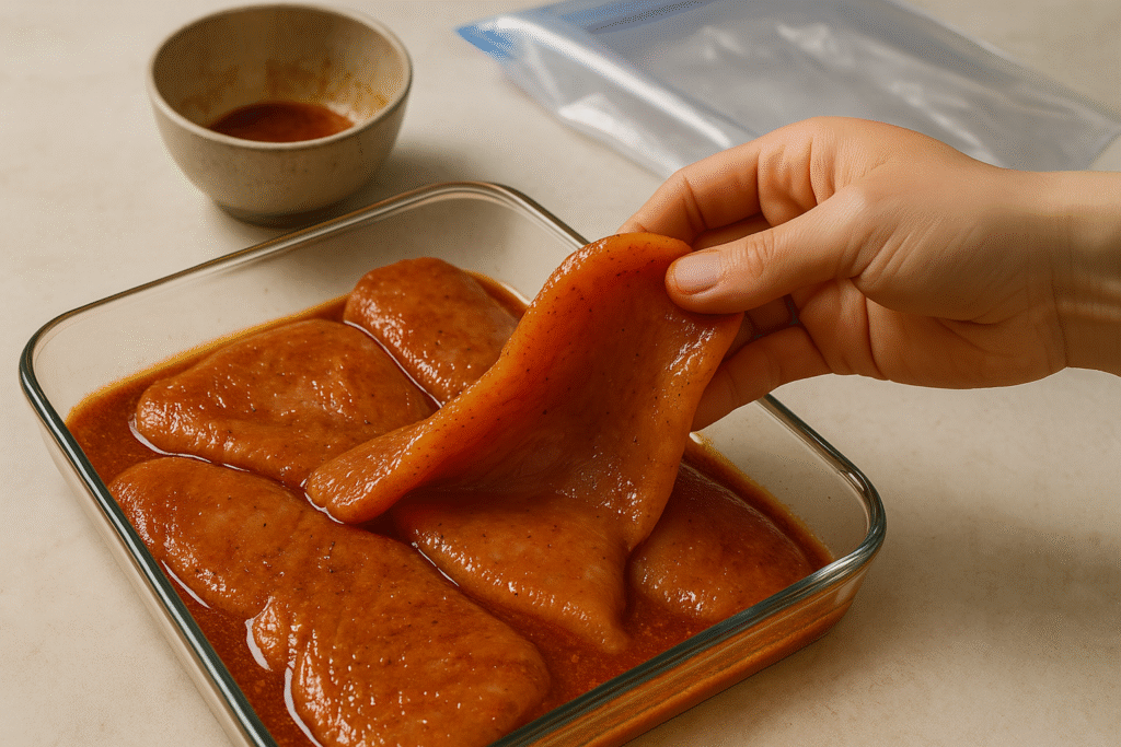 a hand marinating a piece of turkey cutlets in a glass dish