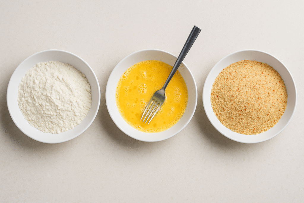 a group of bowls with eggs, bread crumbs and flour