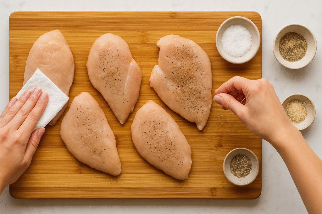 Raw chicken cutlets on a cutting board, seasoned with salt, pepper, and garlic powder.