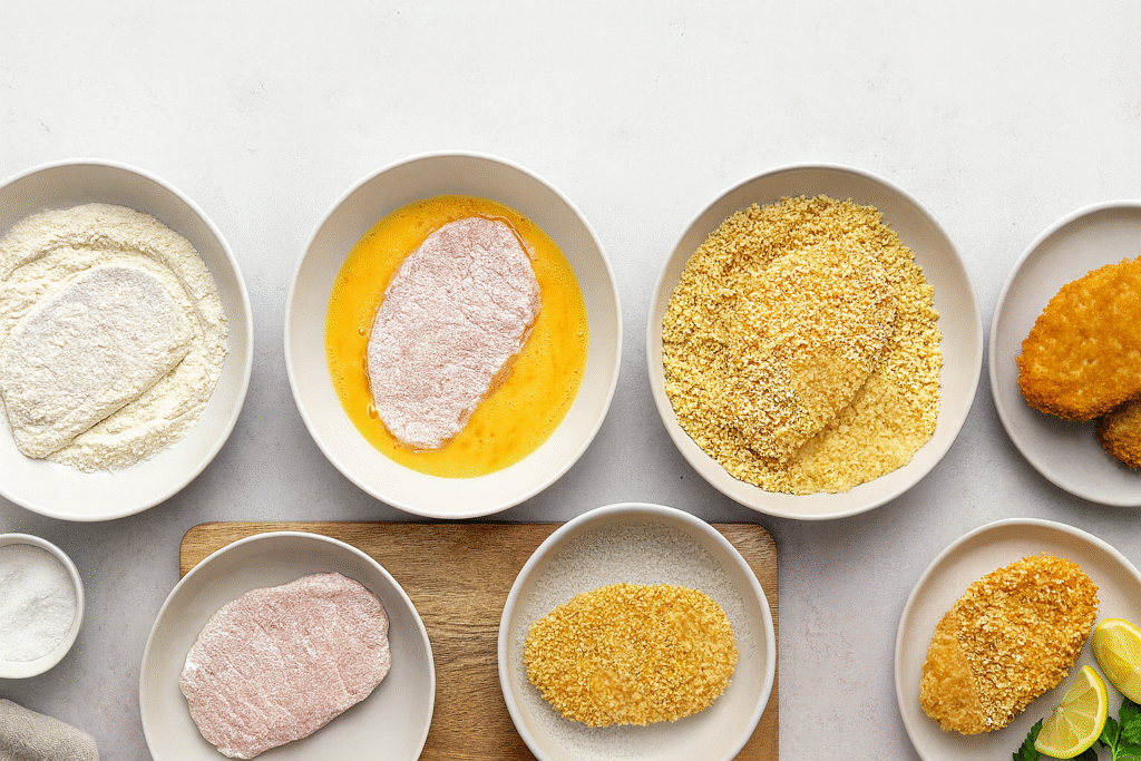 breading a pork cutlet in panko after dipping it in flour and egg, with a full breading station setup