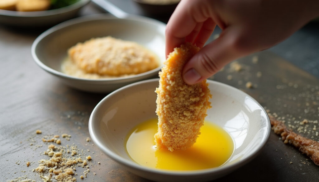 a person dipping a piece of breaded chicken cutlet into a bowl of whisked eggs