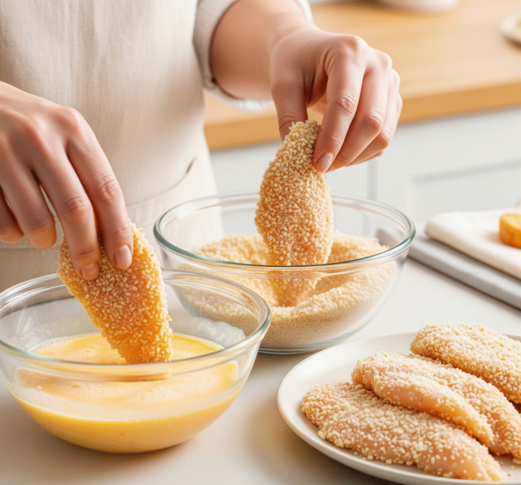showing hands dipping cutlets in egg another coating with breadcrumbs