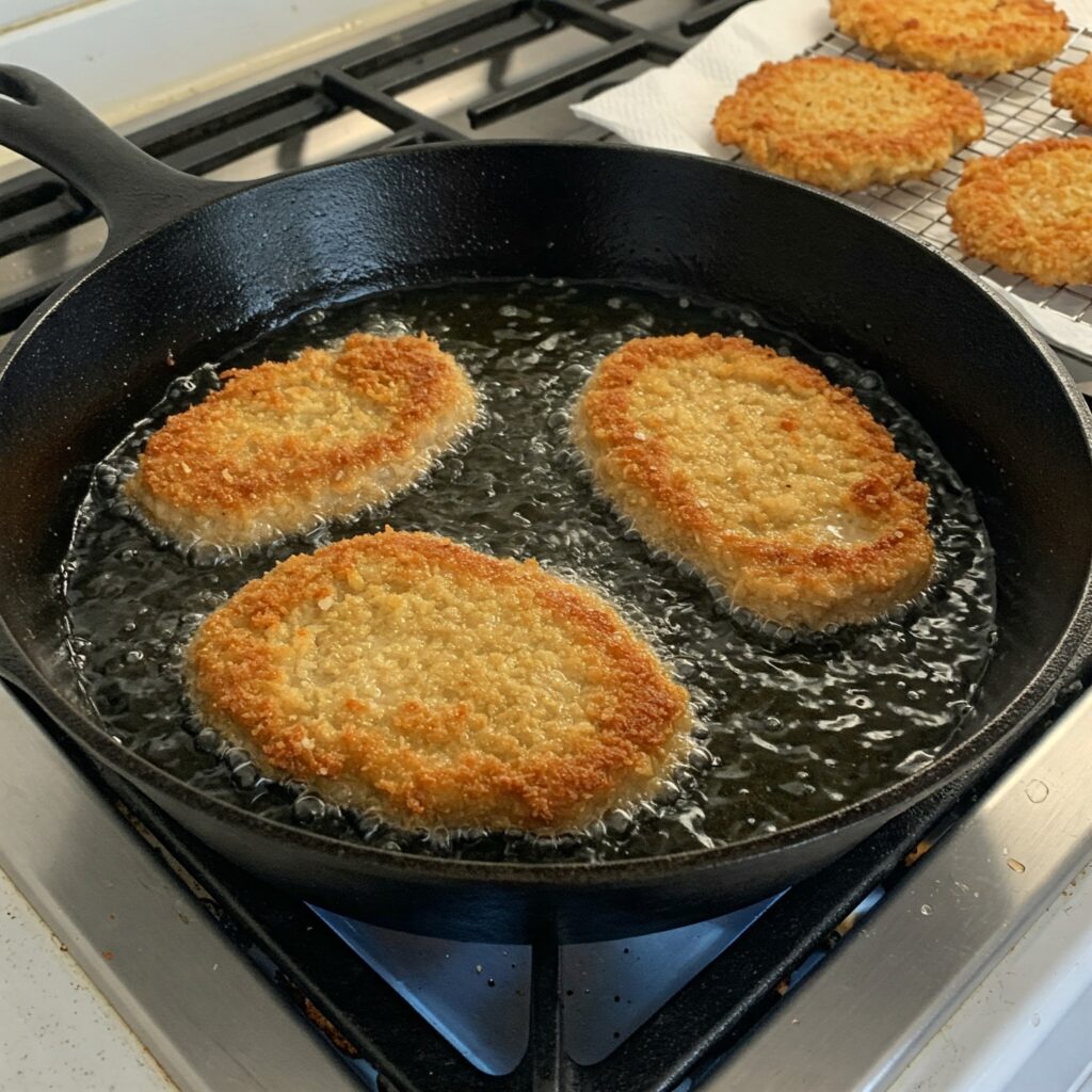 heating  vegetable oil in a large skillet with breaded with Tonkatsu Pork Cutlets being fried. on the other side fried cutlets are kept on a grill with paper towel to drain excess oil.
