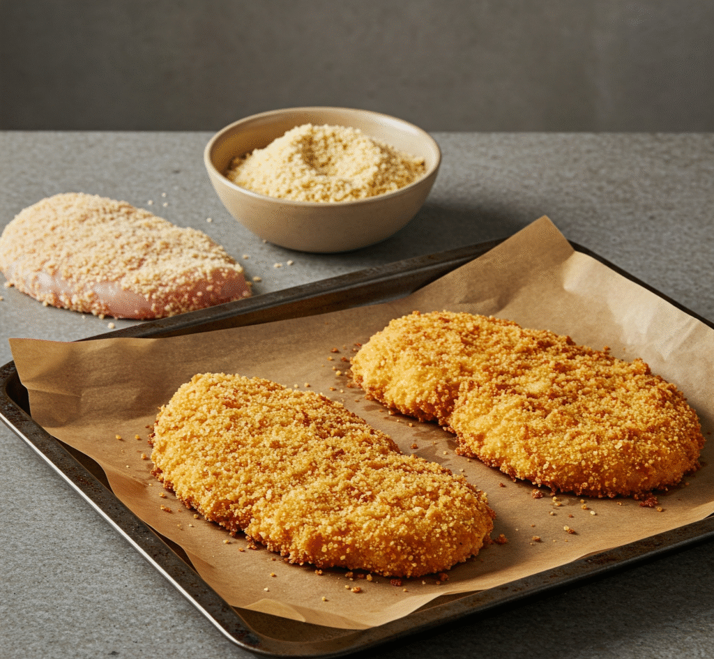 a tray of breaded chicken cutlets on a table