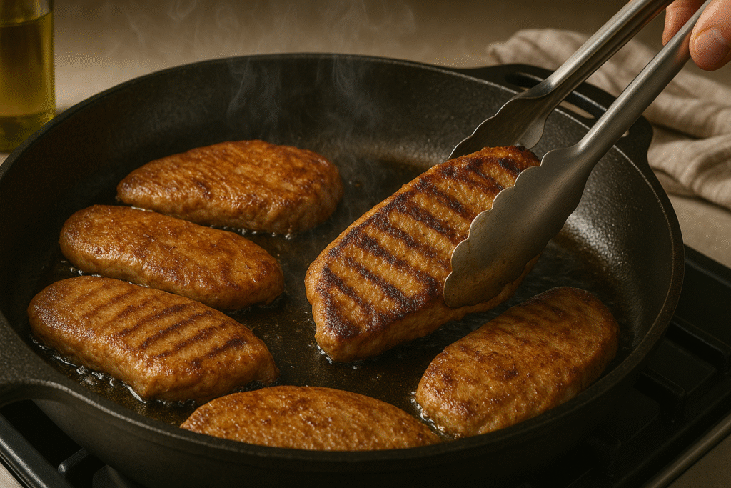 Turkey cutlets searing in a hot skillet with golden grill marks and light steam rising.