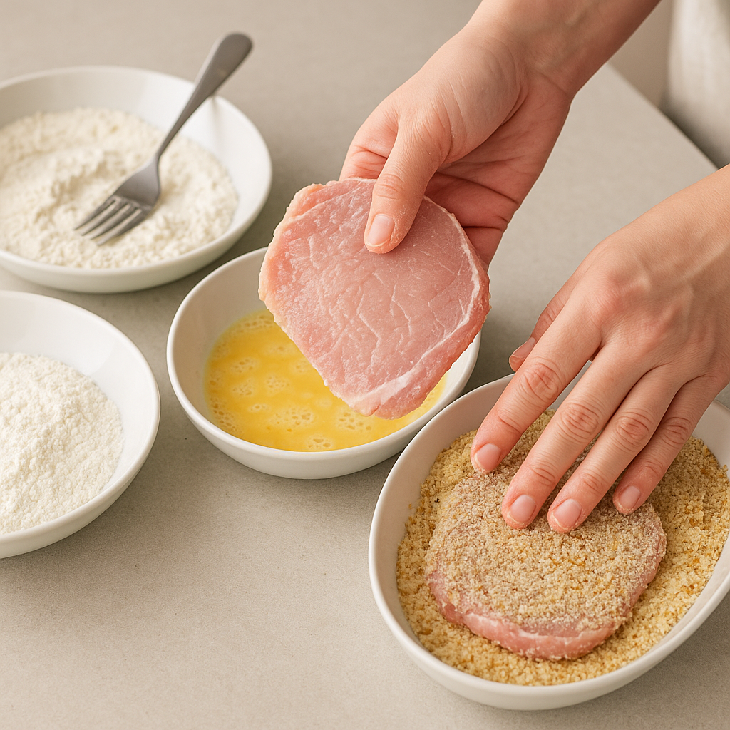 a person holding a raw pork cutlet and coating in breadcrumbs in a bowl