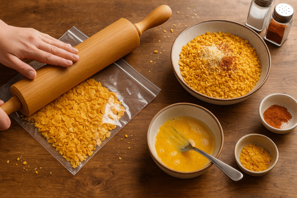 Cornflakes being crushed in a zip-top bag with a rolling pin, with bowls of crushed cornflakes and beaten egg nearby