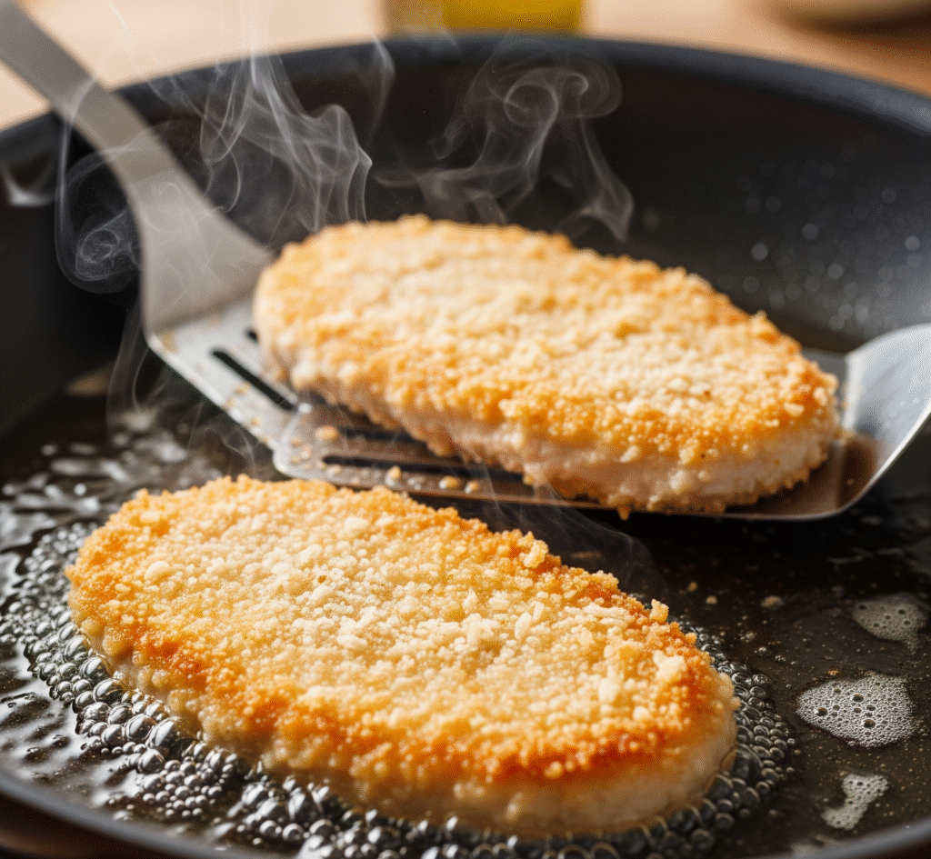Breaded turkey cutlets cooking in a skillet