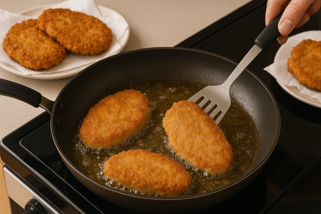 a frying pan with german pork schnitzel in it