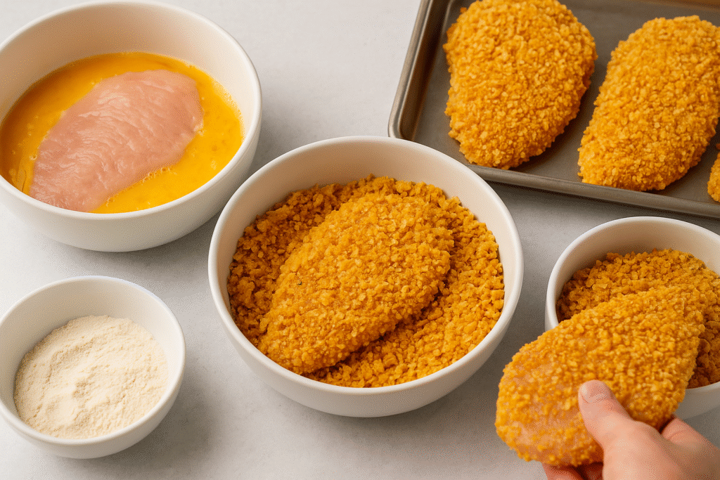 Chicken cutlets coated in a golden cornflake-Parmesan mixture, resting in bowls, ready to be baked.