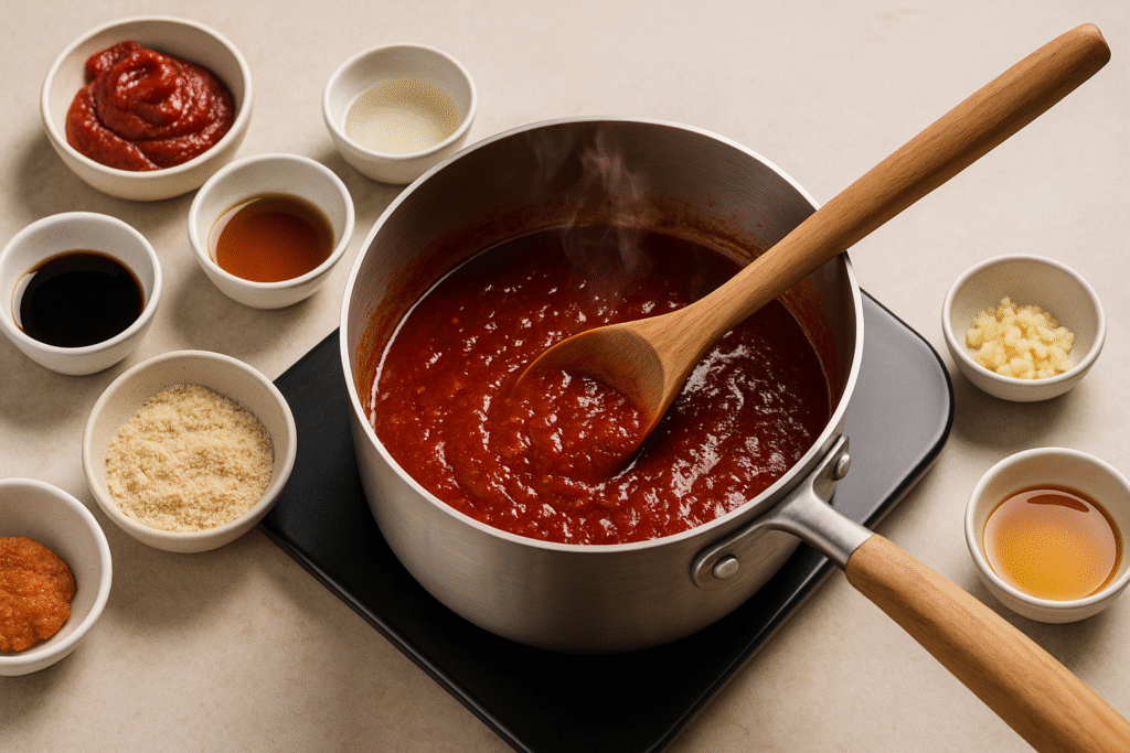 Gochujang sauce simmering in a saucepan, being stirred with a wooden spoon, surrounded by small bowls of ingredients like soy sauce, garlic, and honey.