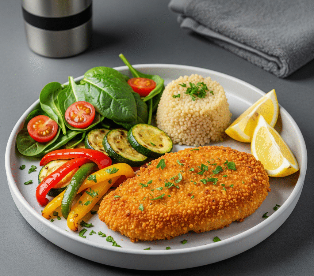 Crispy breaded turkey cutlet served with roasted vegetables, quinoa, spinach salad, lemon wedges, and fresh parsley on a gym-inspired table.