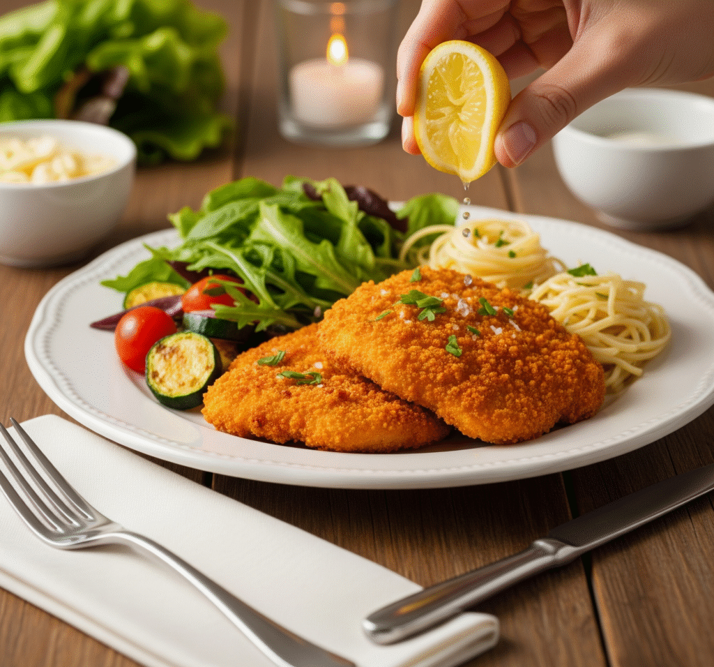 hands placing breaded chicken cutlets on a baking tray