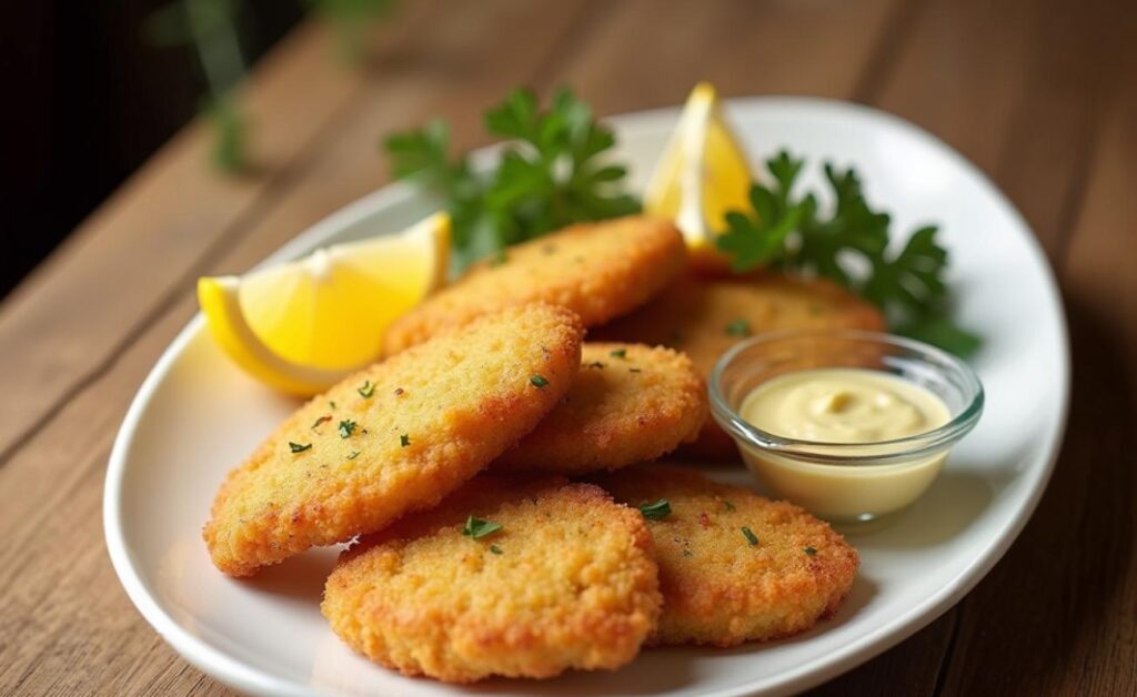 Sheet Pan Chicken Cutlets placed in a white plate with lemon and parsley