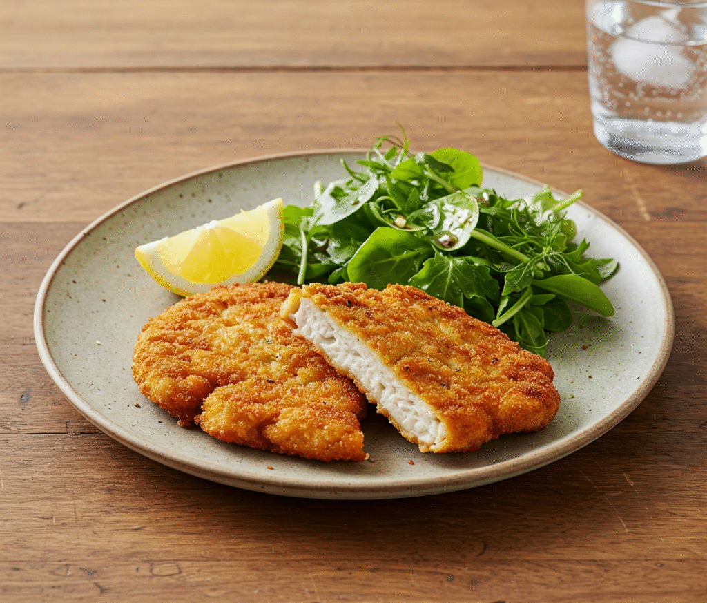 a plate of baked chicken cutlets with a lemon wedge and a side of salad