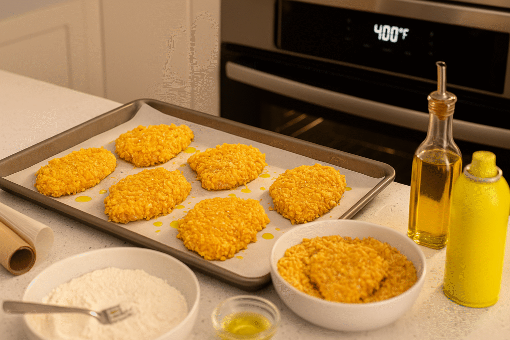 Breaded chicken cutlets placed on a lined baking sheet, lightly drizzled with olive oil, ready for the oven.
