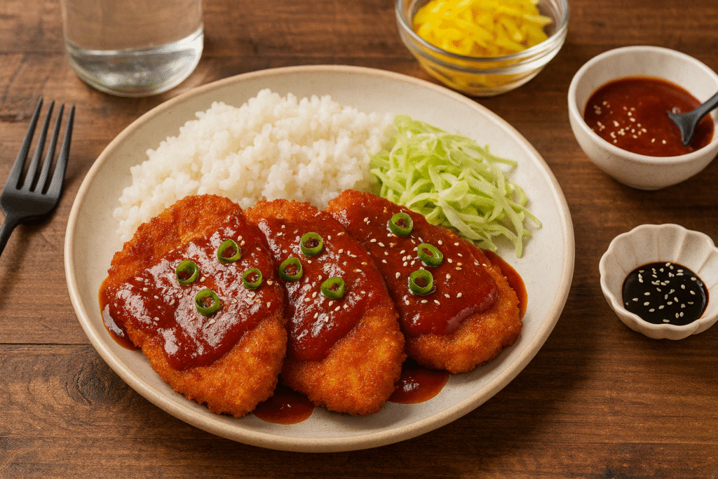 Sliced crispy Korean pork cutlets drizzled with spicy gochujang sauce, served with rice and slaw, garnished with sesame seeds and green onions.