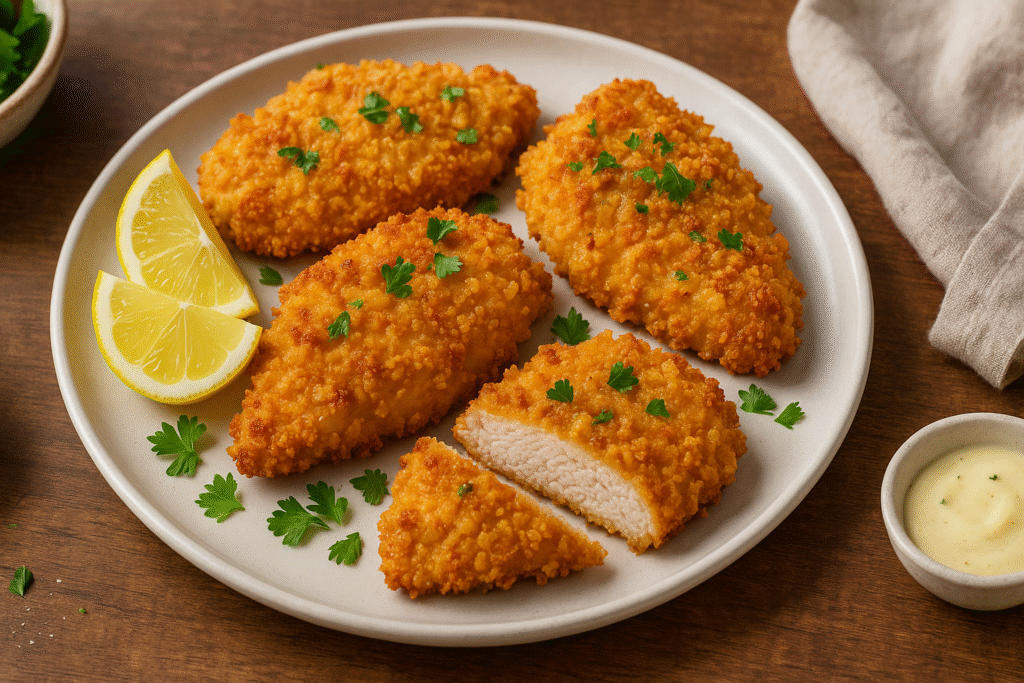 Crispy baked chicken cutlets garnished with parsley and lemon wedges, resting on a ceramic serving plate.