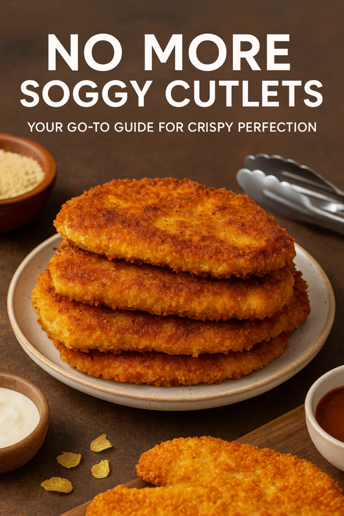 Top-down view of crispy breaded cutlets with lemon wedges, herbs, dipping sauce, and cooking tools on a kitchen table, highlighting perfect golden texture.
