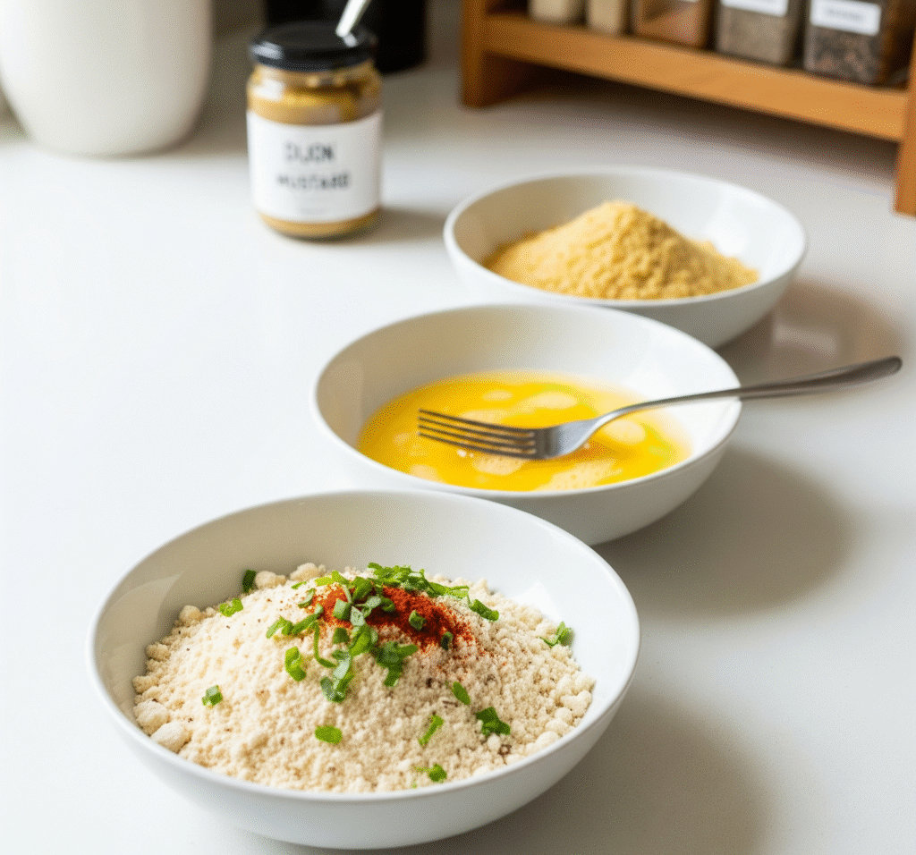 3 bowls one filled with bread crumbs, another with eggs and third with almond flour