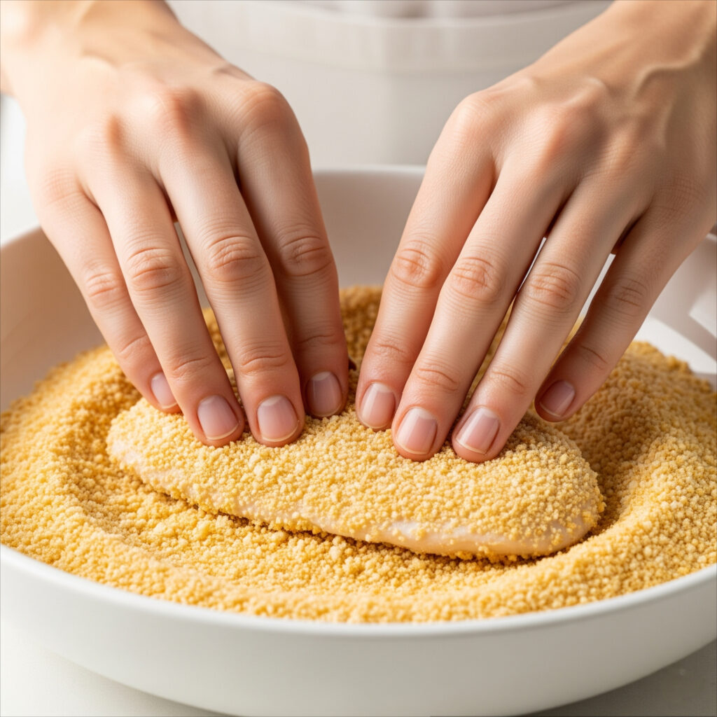 dredging chicken cutlet in bread crumbs
