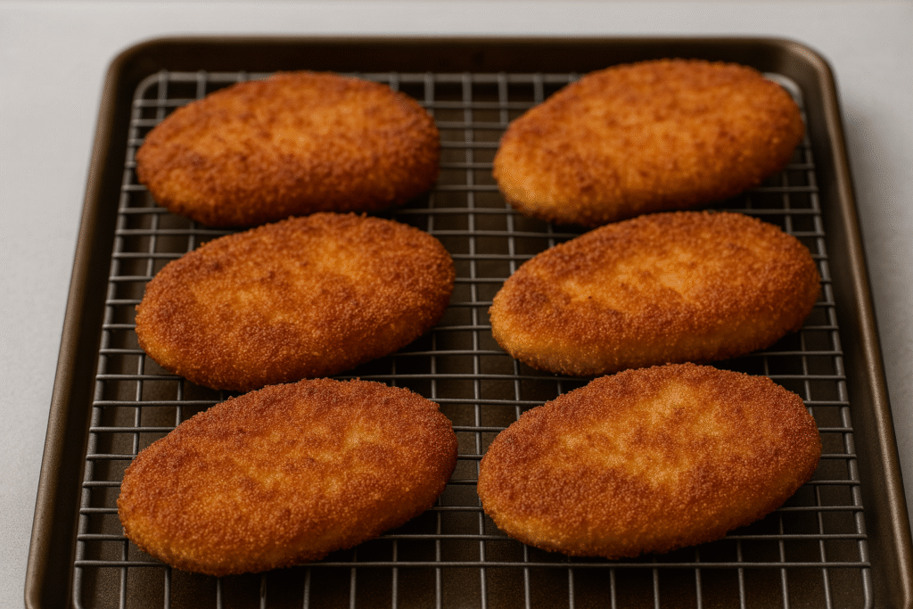 turkey fried cutlets resting on rack