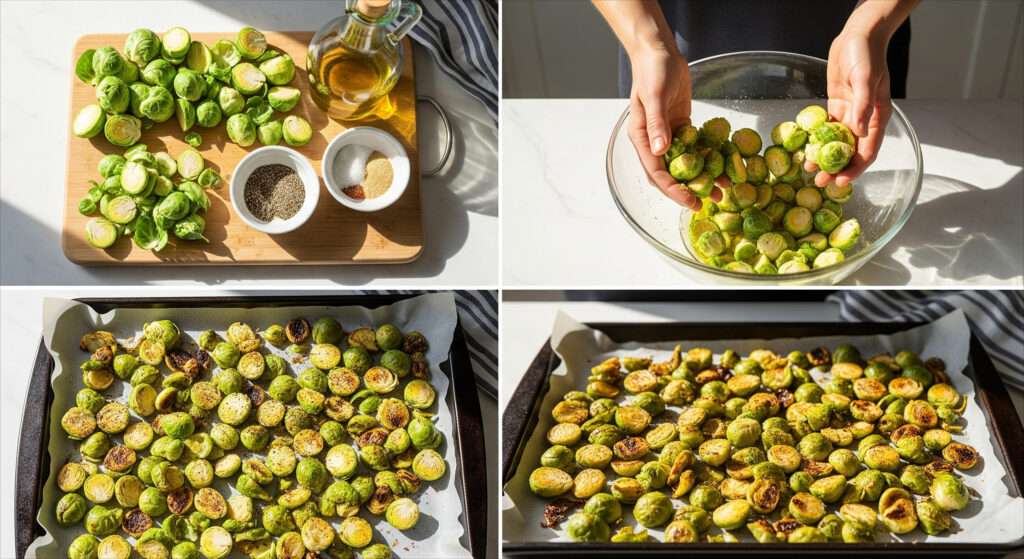 Step-by-step process of making roasted Brussels sprouts: halved fresh sprouts, olive oil, seasoning, and hands tossing sprouts in a bowl on a large baking tray lined with parchment paper in a bright, clean kitchen setting.