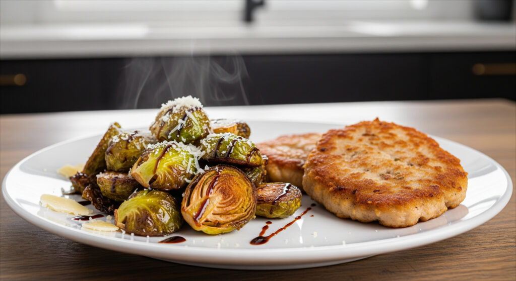 Perfectly roasted Brussels sprouts served on a white plate beside crispy cutlets, golden-brown and caramelized, garnished with Parmesan cheese and balsamic glaze for a fresh, appetizing side dish.