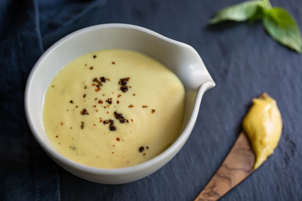 dijon mustard sauce in a ceramic bowl