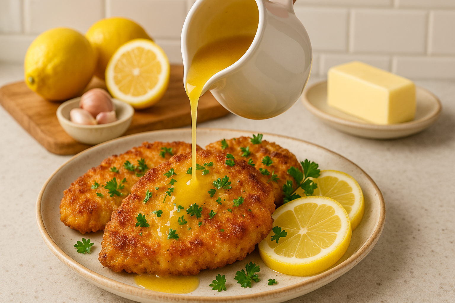 Lemon Butter Sauce being poured on cutlets