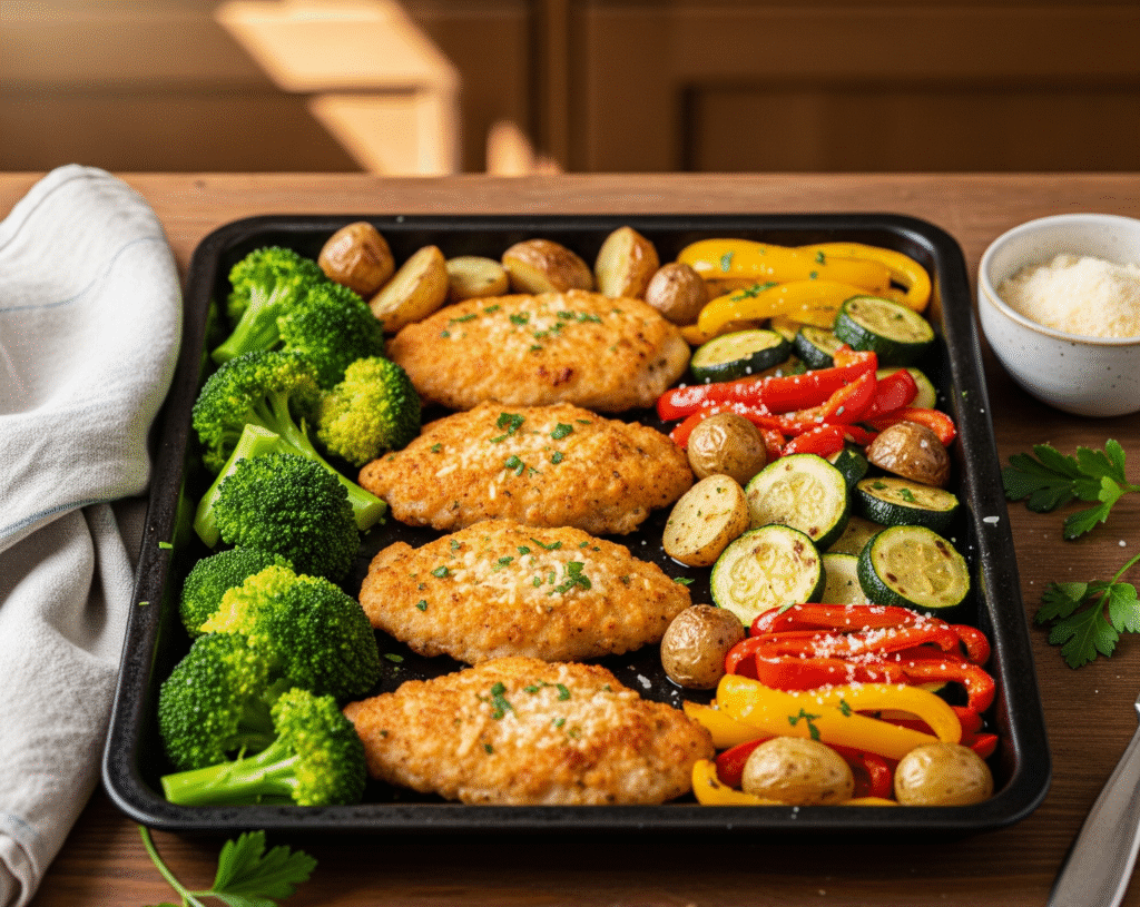 One-Pan Crispy Parmesan Garlic Chicken with Veggies
