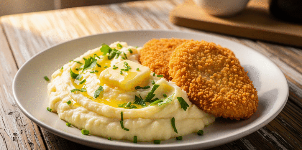 A beautifully plated serving of creamy mashed potatoes topped with melting butter and fresh herbs, served alongside golden, crispy breaded cutlets on a white plate, styled on a rustic wooden table.