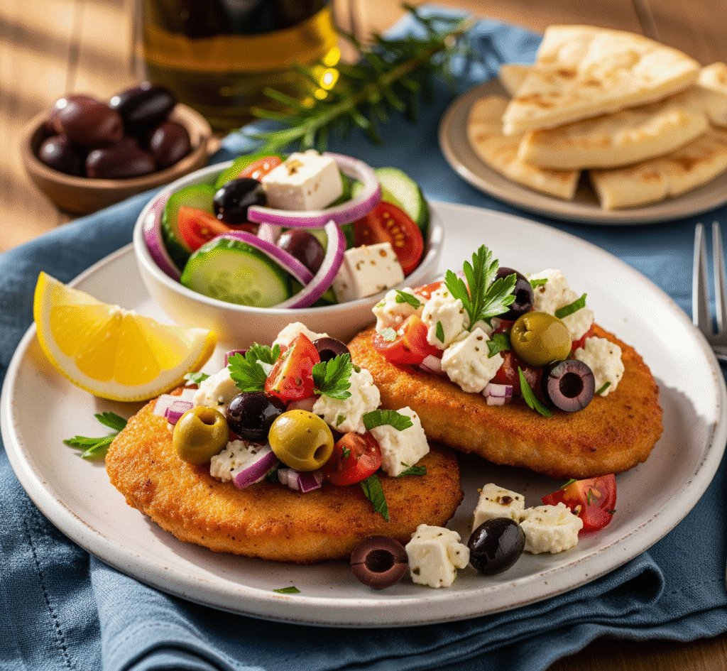 Mediterranean Crispy Pork Cutlets with Feta & Olive Topping