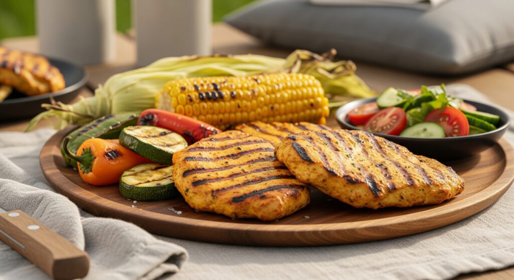 Summer Barbecue with Grilled Turkey Cutlets being served in plate with side veges