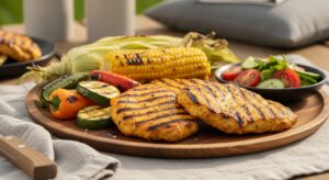 Summer Barbecue with Grilled Turkey Cutlets being served in plate with side veges