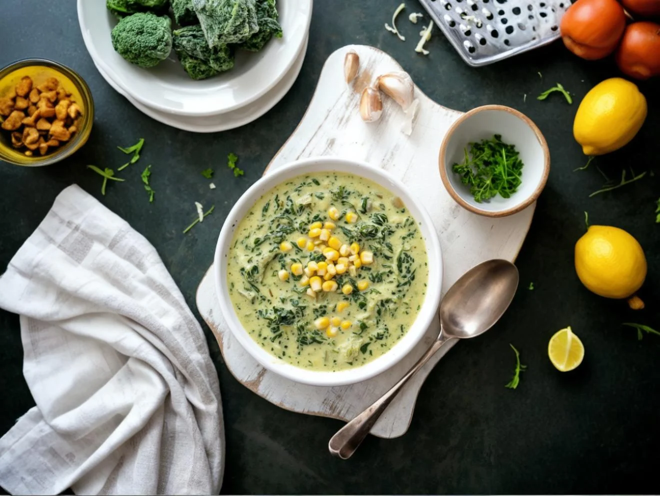 creamy spinach and corn. The creamy mixture has natural green spinach leaves and golden corn kernels in a silky sauce, garnished with parsley. Warm natural lighting enhances the crunch of the cutlets and the richness of the side dish.
