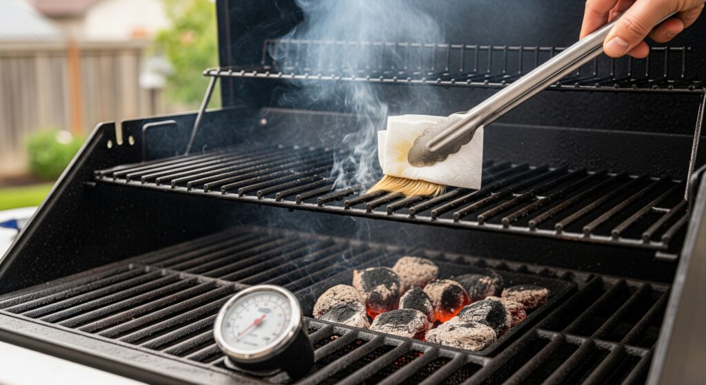 Grill grates being oiled and preheated outdoors with smoke rising.