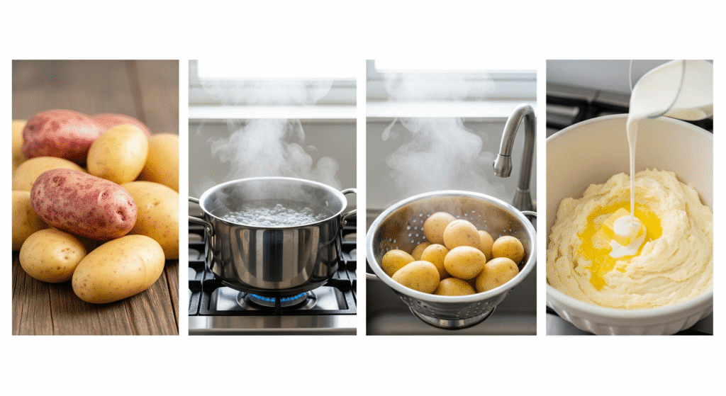 A four-step visual guide showing the process of making creamy mashed potatoes, including choosing Russet and Yukon Gold potatoes, boiling them in salted water, draining them, and mashing with butter and cream for a smooth, fluffy texture.