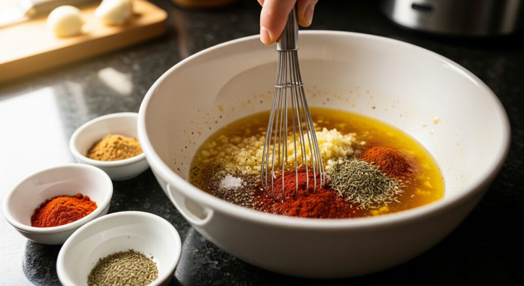 Bowl of marinade ingredients being whisked together on a kitchen counter.
