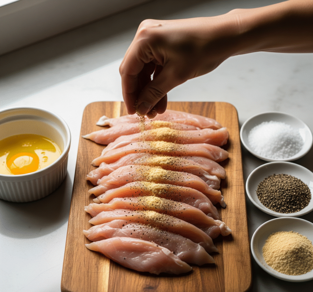 Chicken cutlets being seasoned with garlic powder, salt, and pepper on a wooden board beside a bowl of beaten egg.