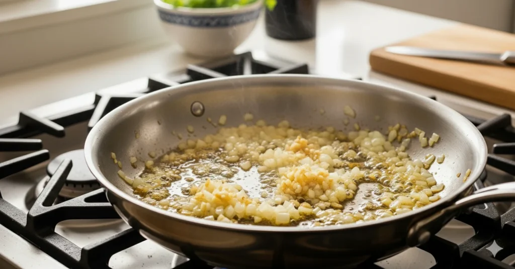 Butter and olive oil bubbling in a skillet with chopped onions and garlic being sautéed until golden.