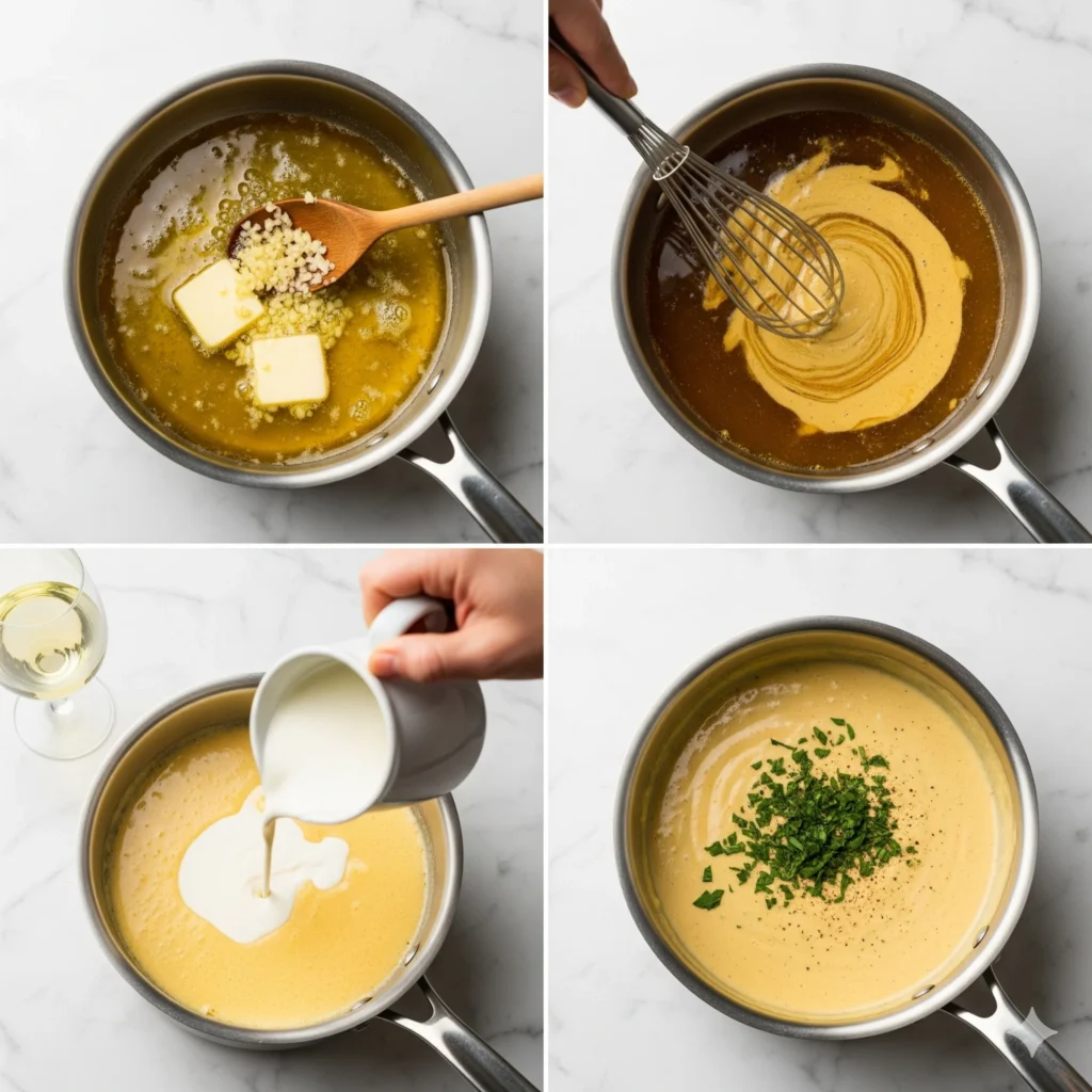Butter melting with garlic in a pan, Dijon mustard whisked into stock, cream poured in, and finished creamy Dijon sauce sprinkled with parsley.