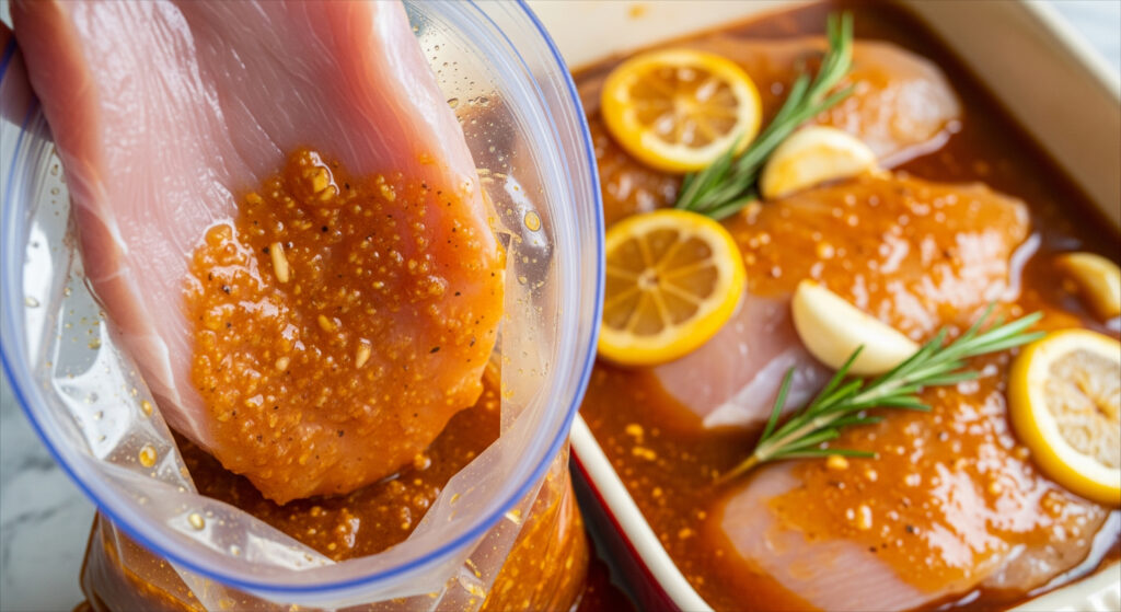 Raw turkey cutlets in a ziplock bag with marinade being poured in.