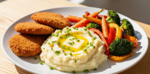 A beautifully plated serving of creamy mashed potatoes topped with melting butter and fresh herbs, served alongside golden, crispy breaded cutlets and roasted vegetable on a white plate, styled on a rustic wooden table.