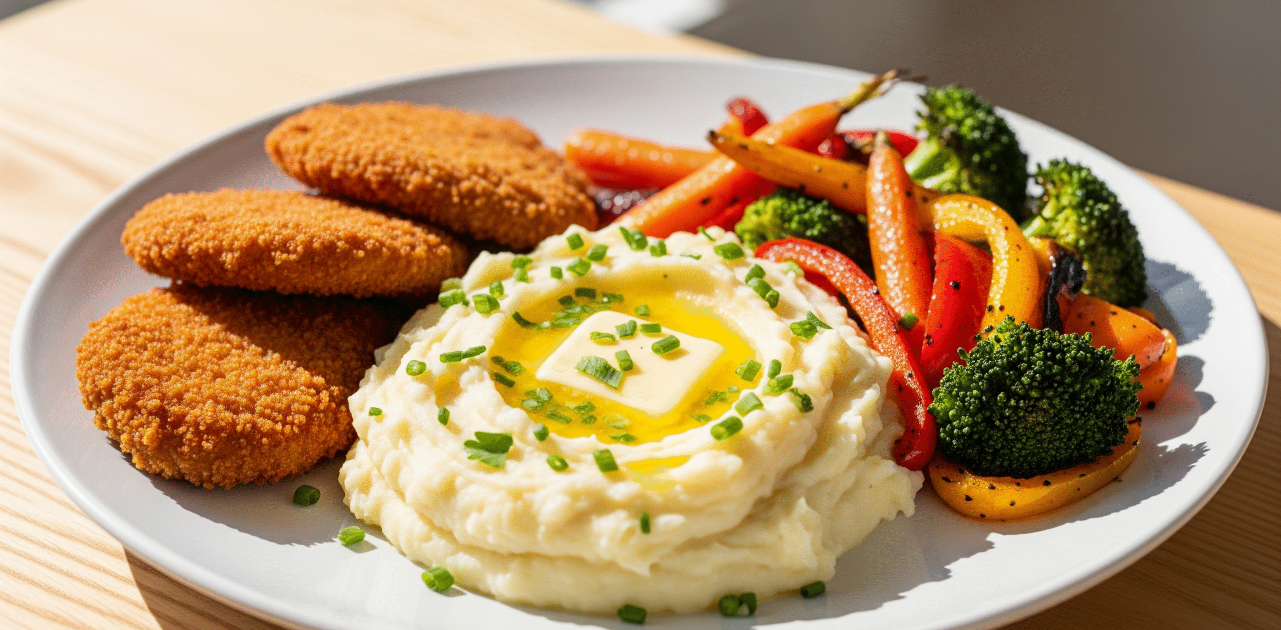 A beautifully plated serving of creamy mashed potatoes topped with melting butter and fresh herbs, served alongside golden, crispy breaded cutlets and roasted vegetable on a white plate, styled on a rustic wooden table.