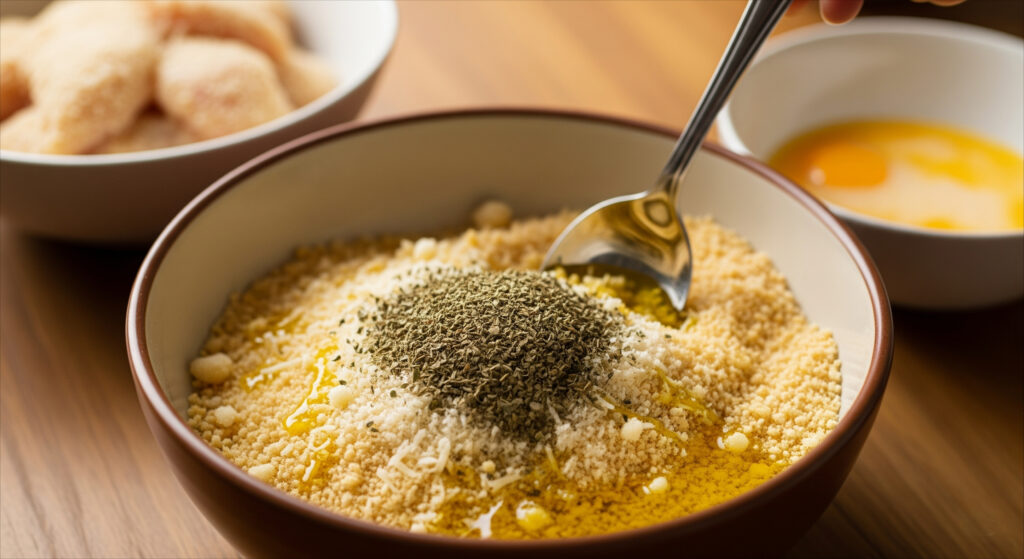 A breadcrumb mix of panko, Parmesan, herbs, and olive oil being combined in a bowl for breading.