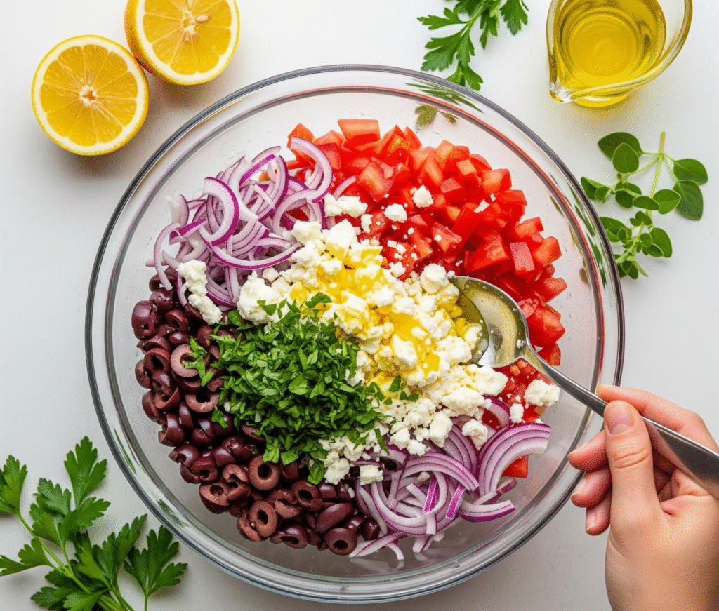A bowl of Mediterranean topping with olives, feta, tomatoes, onions, and parsley being mixed with a spoon.