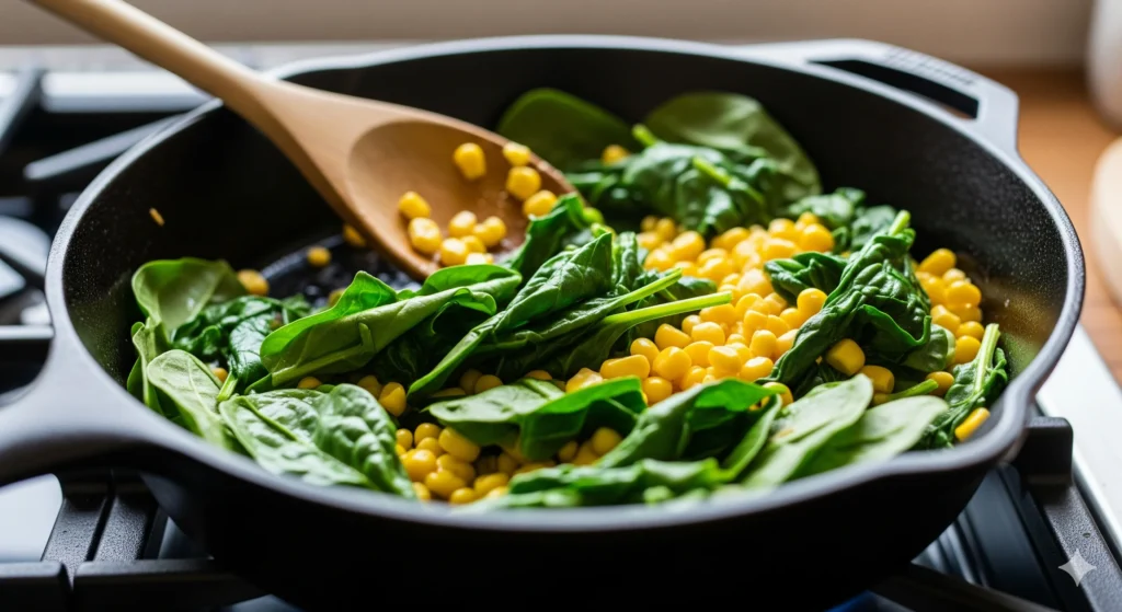 Fresh spinach leaves wilting with sweet corn kernels stirred into a skillet, vibrant green and yellow colors showing naturally.