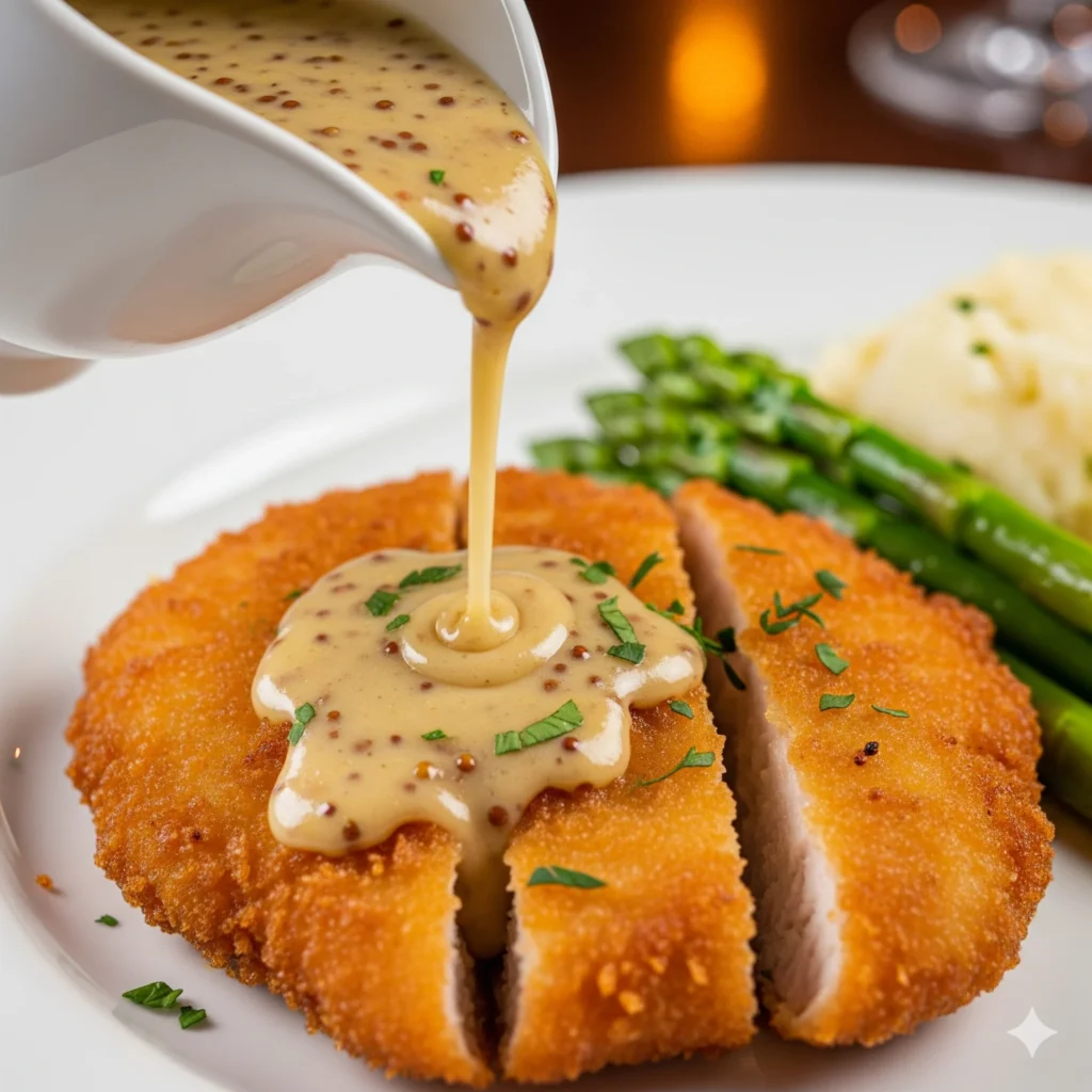 pouring dijon mustard sauce on cutlet