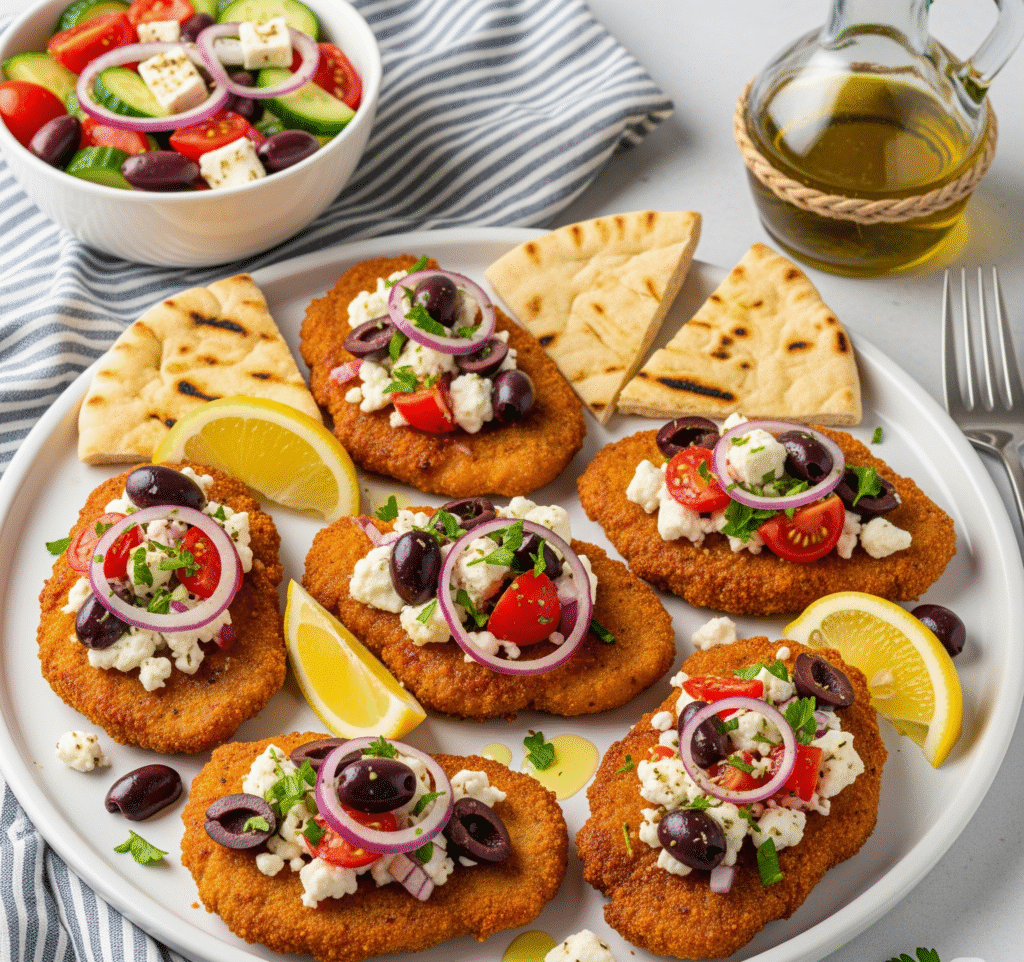 Crispy pork cutlets plated and topped with feta-olive mixture, served with lemon wedges and pita bread.